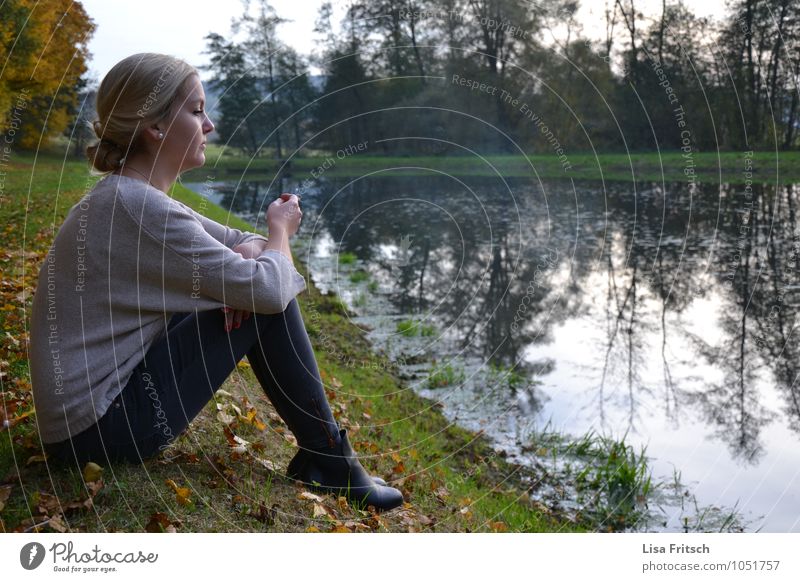 silent Feminine Boy (child) Woman Adults Life 1 Human being Nature Autumn Tree Pond Lake Breathe Fragrance To enjoy Smoking Dream Esthetic Blonde Happy