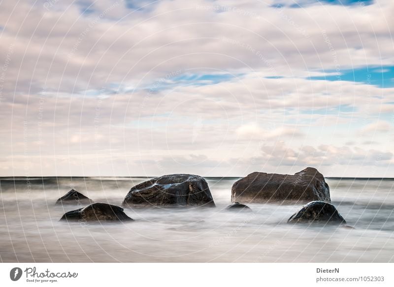 order Landscape Water Sky Clouds Waves Coast Baltic Sea Blue Black White Mecklenburg-Western Pomerania Rügen Stone Rock Horizon Long exposure Colour photo