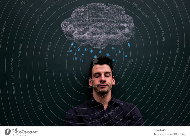 unlucky fellow Blackboard Human being Masculine Young man Youth (Young adults) Artist Clouds Bad weather Rain Drop Sadness Dark Wet Dry Emotions Moody Dream