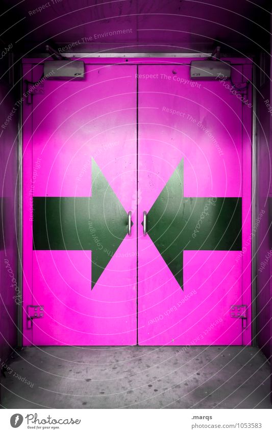 portal Door Double doors Metal Arrow Cool (slang) Violet Black Curiosity Colour Symmetry Future Front door Center point Safety Closed Colour photo Exterior shot