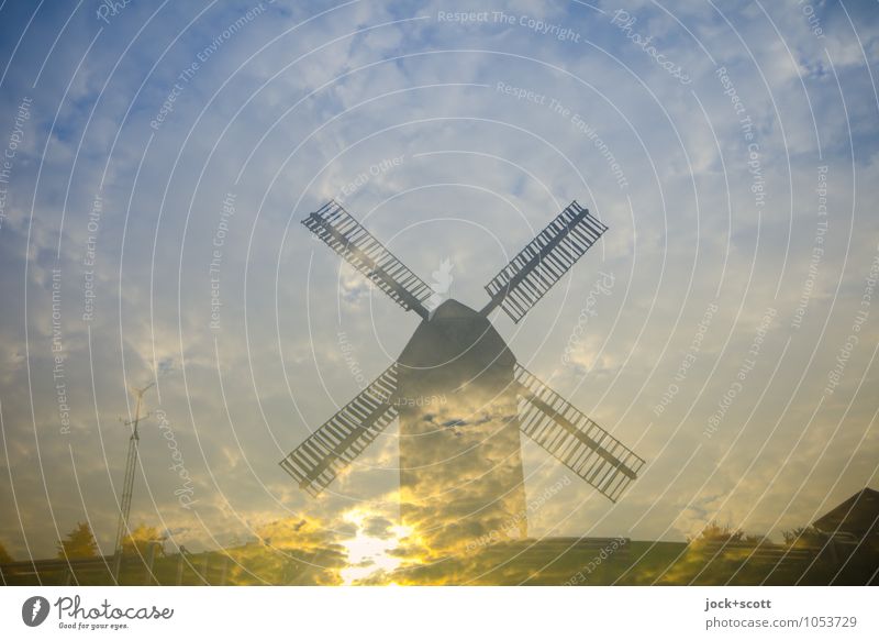 Light Mill Harmonious Clouds Sun Beautiful weather Marzahn Windmill Landmark Illuminate Moody Romance Idyll Inspiration Double exposure Illusion Reaction