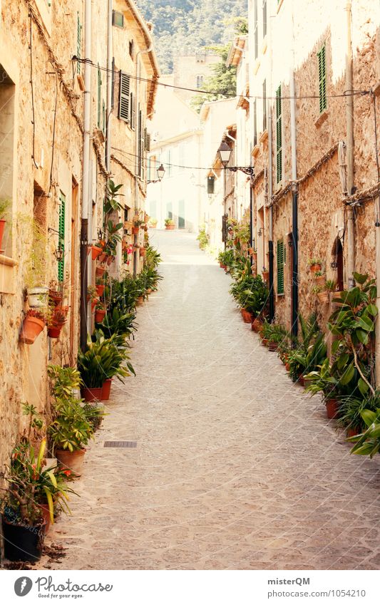 Spanish Dream. Art Esthetic Contentment Street Alley Plant Mediterranean Valldemossa Majorca Idyll Spain Dreamily Facade Upward Colour photo Subdued colour