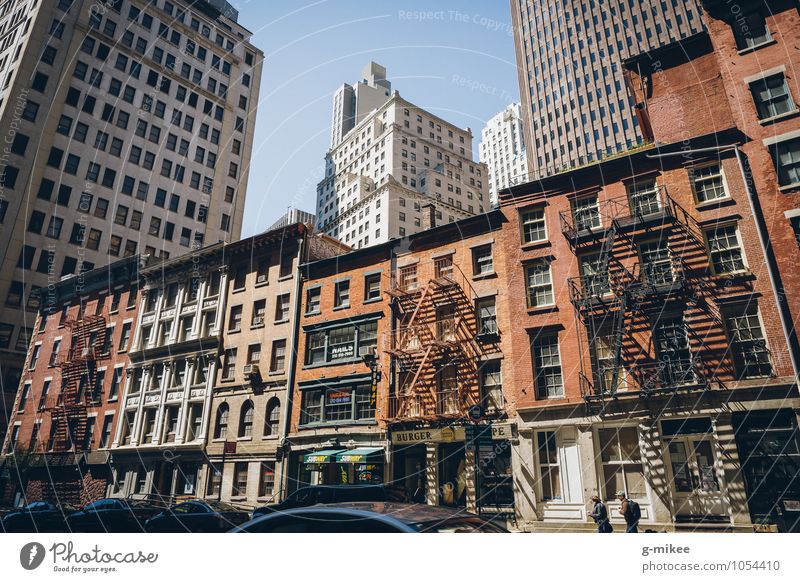 Side streets of New York New York City American Flag Town Downtown High-rise Building Street Large Modern Colour photo Exterior shot Day Deep depth of field