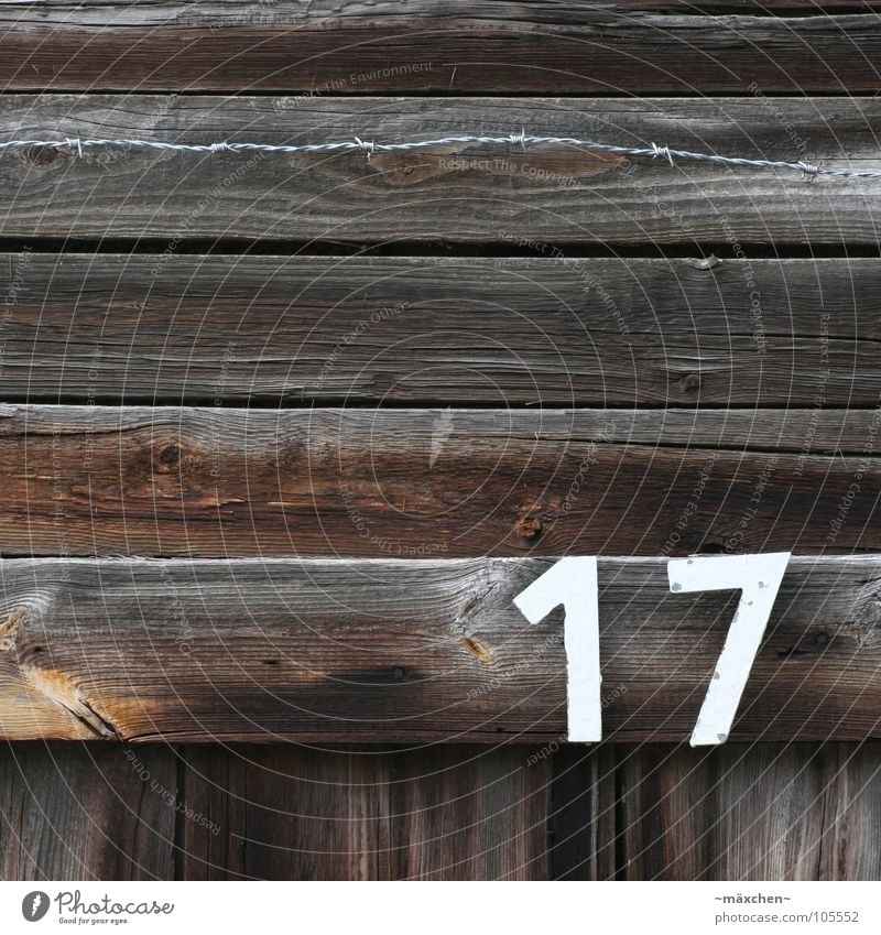 17 - seventeen / seventeen Wood Wood flour Digits and numbers House number Dark White Brown Black Burnt Fence Wire netting fence Detail one Contrast Bright Old