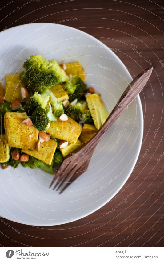 curry Vegetable Nutrition Lunch Vegetarian diet Vegan diet Tofu Broccoli Fork Fresh Healthy Delicious Colour photo Interior shot Deserted Day Bird's-eye view