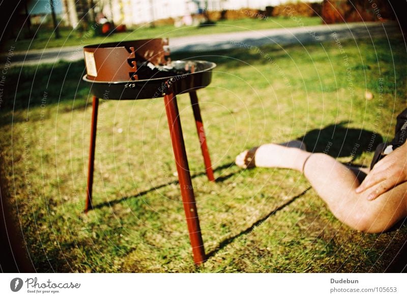 Summer BBQ Colour photo Multicoloured Exterior shot Day Sunlight Picnic Barbecue (event) Barbecue (apparatus) Charcoal Grill Park Joy Human being Legs 1 Grass