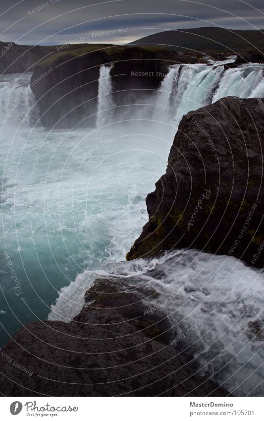 Goðafoss Godafoss Iceland Damp Wet Electricity Stream Flow Impressive Fantastic White crest Fog Steam Green Cyan Cervice Clouds Bad weather Storm clouds Gray