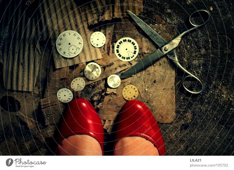 How time flies Footwear Red High heels Time Digits and numbers Clock Woman Cut Derelict Broken Old Scissors Clock hand Cardboard Floor covering Lady Feet