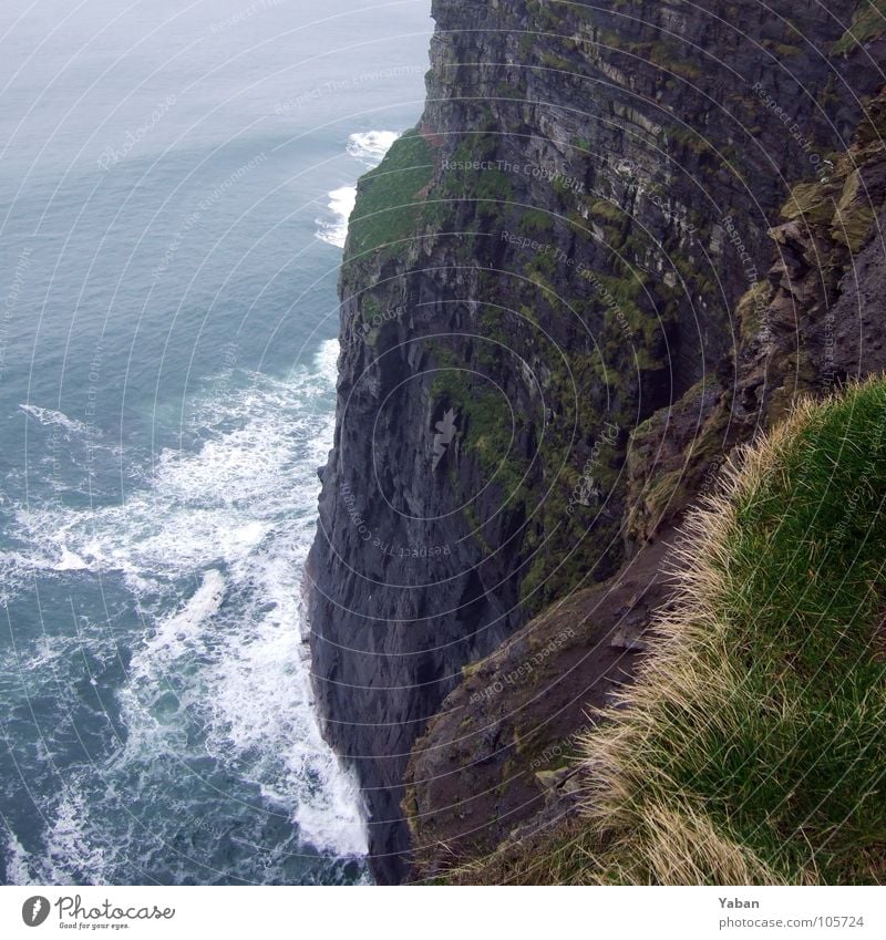 marginal Atlantic Ocean Cliff Fog Waves White crest Edge Beach Coast Dangerous Panorama (View) Ireland West Coast cliffs Moher Green Island Wind The abyss