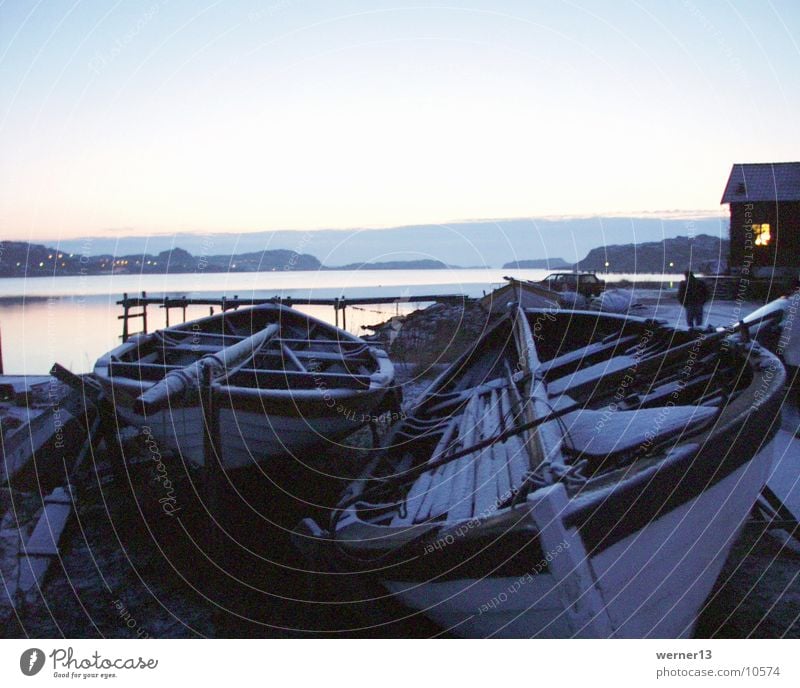 sweden - boats in winter Watercraft Rowboat Winter mood Ocean Footbridge Moody Calm Bohuslän Europe Snow Sweden Evening Hunnebo beach West Coast