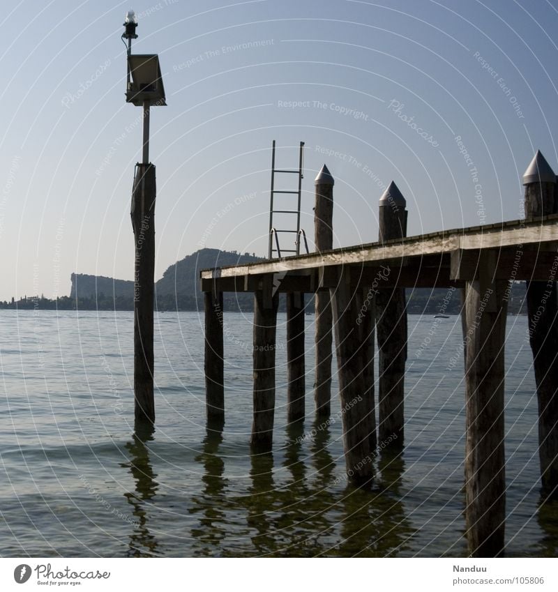 silenzio Lake Garda Vacation & Travel Calm Relaxation Footbridge Romance Kitsch Wood Coast Beach Evening sun Light Mood lighting Waves Barra Beach Summer Water