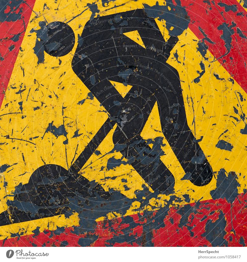 man at work Road traffic Road sign Metal Signage Warning sign Work and employment Old Authentic Trashy Yellow Red Black Diligent Disciplined Endurance