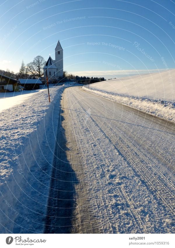 Winter equipment recommended... Sunlight Ice Frost Snow Alps Village Deserted Church Traffic infrastructure Street Lanes & trails Cold White Loneliness