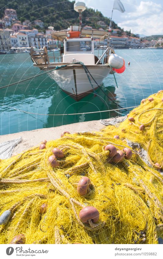 Fishnets on fish boat. Yellow net. Seafood Ocean Industry Rope Harbour Watercraft Line Old Maritime fishing fishnet equipment marine knot catch Consistency