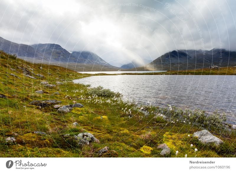 light Trip Adventure Far-off places Freedom Mountain Clouds Storm clouds Sun Climate Weather Bad weather Rain Grass Moss Wild plant Rock Lake Water Natural Hope