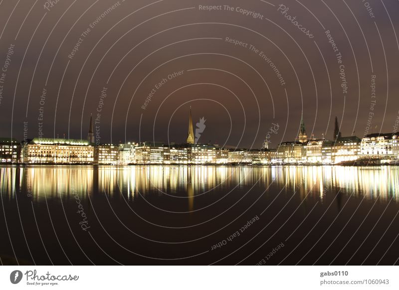 Inner Alster at night III Hamburg Night Light Water Reflection Long exposure Building Sky Church spire Hanseatic City Black Yellow White Horizon Tourism Calm