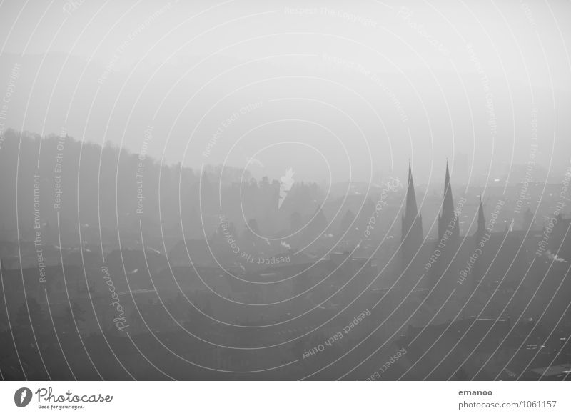 the grey city Climate Climate change Weather Fog Town Downtown Old town House (Residential Structure) Church Manmade structures Building Architecture