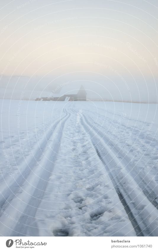 The way to the stable Skiing Nature Landscape Sky Winter Climate Snow Hut Barn Footprint Stripe Bright Cold White Moody Leisure and hobbies Joy Lanes & trails