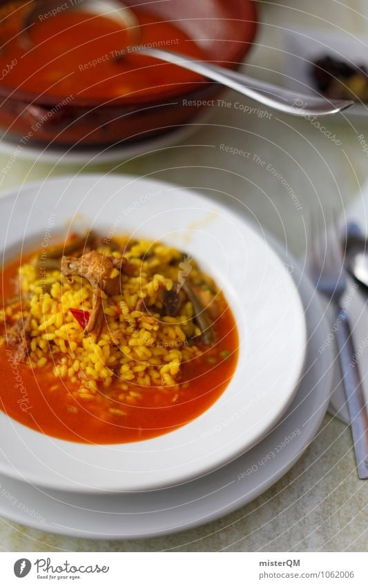 Spanish Food VII Art Esthetic Contentment Plate Edge of a plate Rice Delicious Lunch Tomato soup Soup Soup plate Colour photo Subdued colour Exterior shot