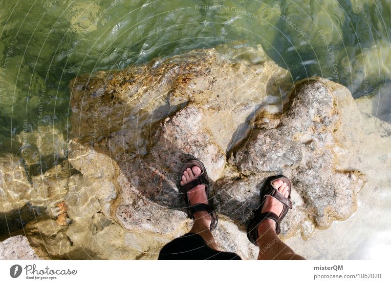 Mountain River. Environment Nature Landscape Adventure Esthetic Feet Sandal Stony Water River bank Stand Traverse Barrier Colour photo Subdued colour