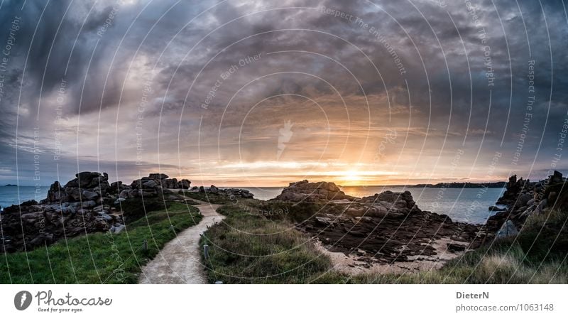 dawn Nature Landscape Earth Sand Water Sky Clouds Storm clouds Sun Sunrise Sunset Weather Coast Ocean Atlantic Ocean Blue Yellow Gray Green Ploumanach