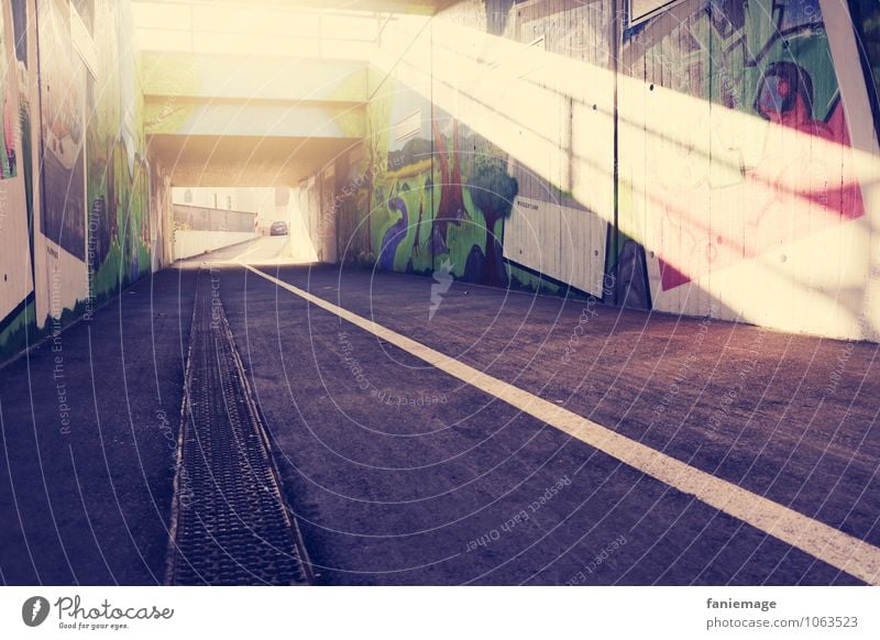 ray of hope Style Design Life Street Tunnel Passage Vanishing point Pink Yellow Brilliant Graffiti Street art Street life Putrefy Diagonal Stripe Lighting