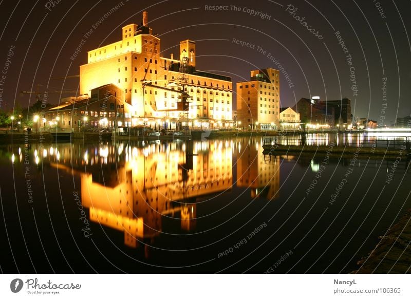 Duisburg inner harbour Harbour Night shot Building thieves Lighting Vantage point