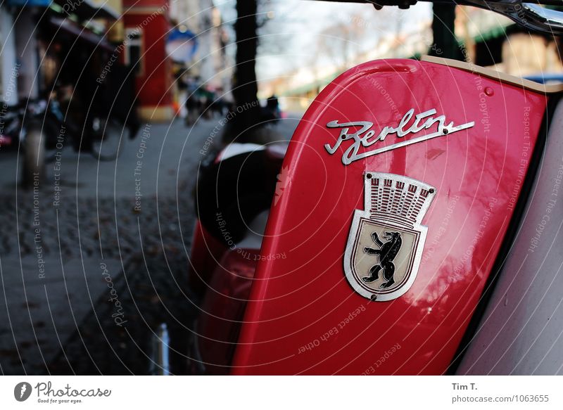 Berlin Capital city Downtown Old town Road traffic Street Vintage car Scooter Mobility Colour photo Exterior shot Copy Space left Day