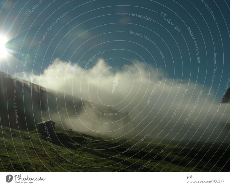 Sun and Clouds Meadow Sunbeam Mountain Hut Sky Blue Dynamics Shadow Morning Alpine pasture