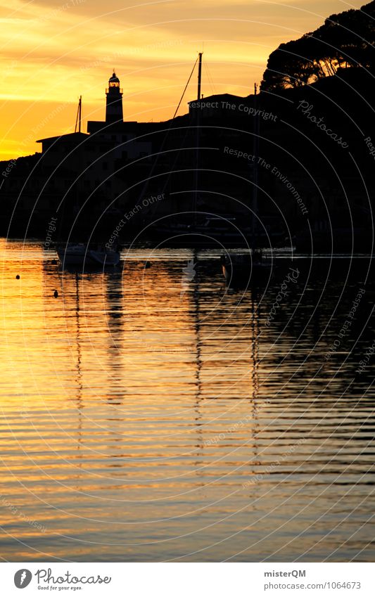 Golden Harbor. Art Esthetic Contentment Port City Harbour Harbour light Harbor buildings Lighthouse Majorca Romance Vacation photo Vacation mood Sunbeam