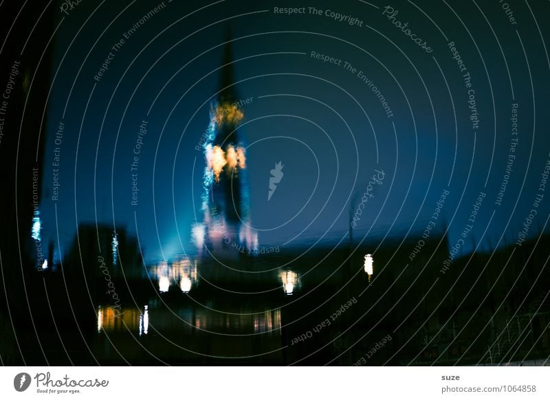 Watermark | Apparent world Art Work of art River Town Port City Church Tower Illuminate Dark Fantastic Mysterious Hamburg Channel Picturesque Surface City light