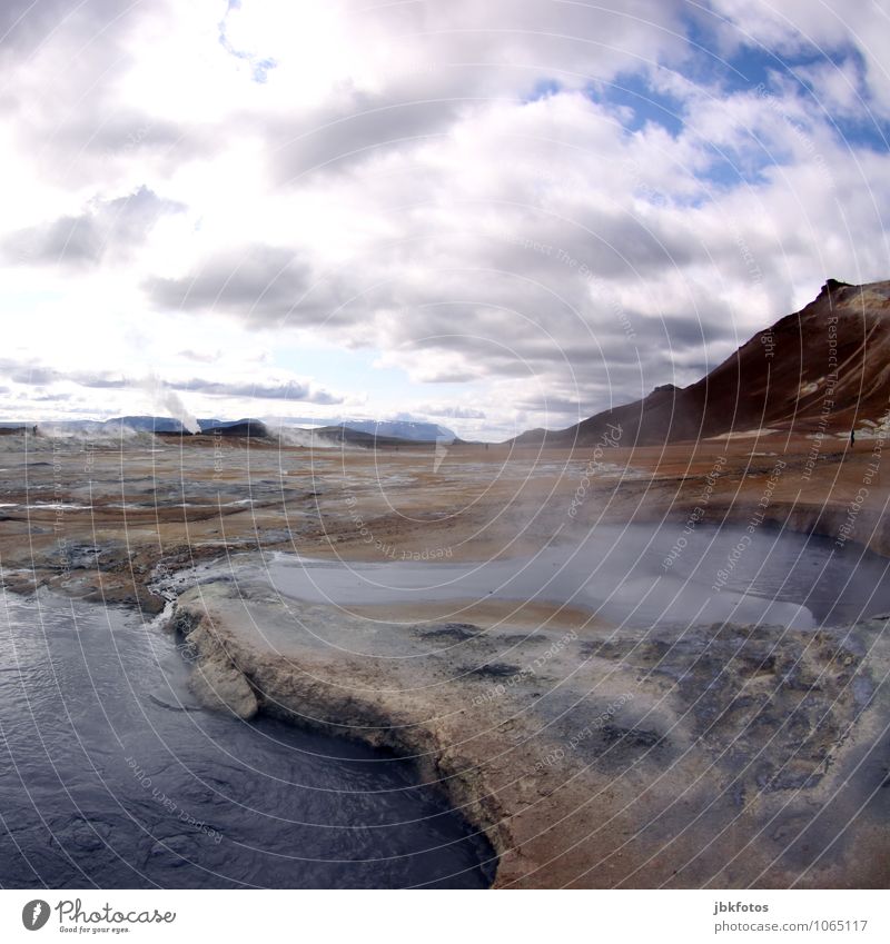 ICELAND / Námafjall [5] Environment Nature Landscape Plant Elements Fire Air Water Sky Summer Climate Beautiful weather Fog Hill Mountain Volcano Hot Sex Lake