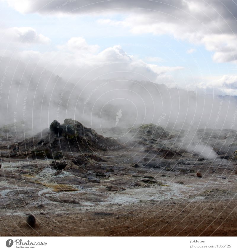 Shortly after the end of the world. Environment Nature Landscape Elements Earth Sand Fire Water Clouds Summer Climate Fog Hill Mountain Volcano Hot Namafjall