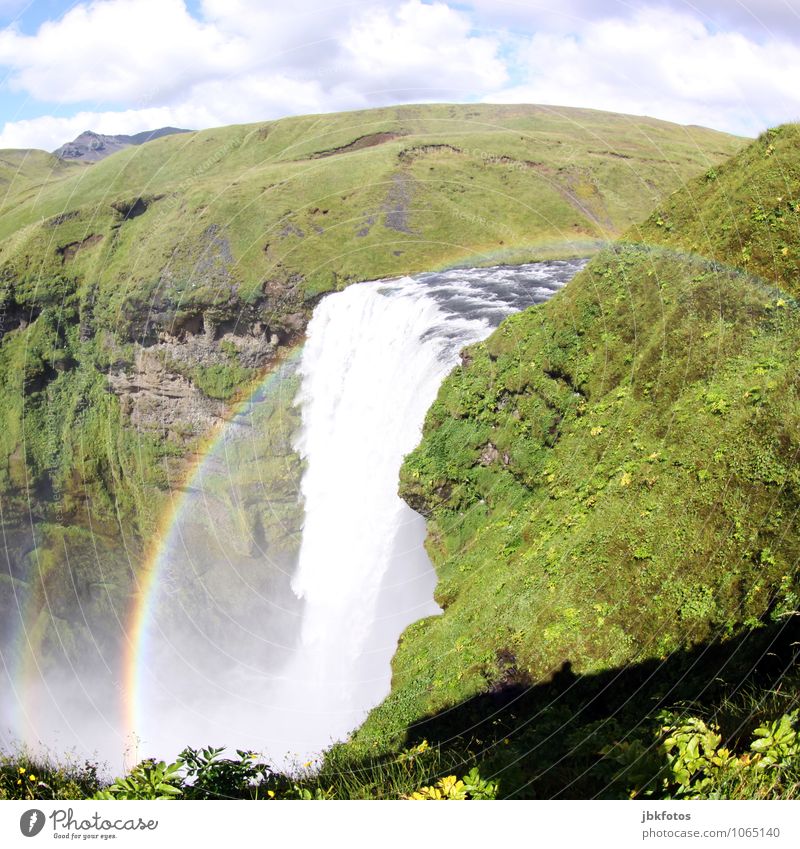 Skógarfoss Environment Nature Landscape Plant Elements Water Sky Horizon Beautiful weather Fog Grass Moss Hill Rock Ocean River Waterfall skogarfoss Energy