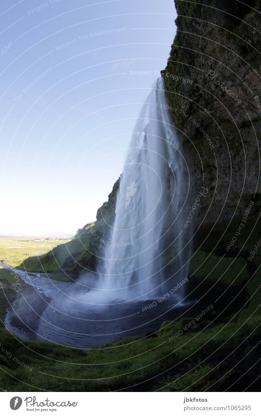 ICELAND / Seljalandsfoss Environment Nature Landscape Plant Elements Water Fog Rock Mountain Canyon Coast River bank Ocean Atlantic Ocean Waterfall