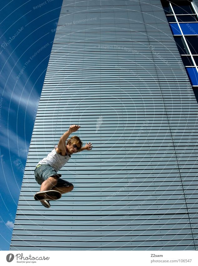 Jump I House (Residential Structure) High-rise Clouds Chinese martial art Karate Kick Action Easygoing Extreme sports Downward Disk Modern home Sky Blue Fight