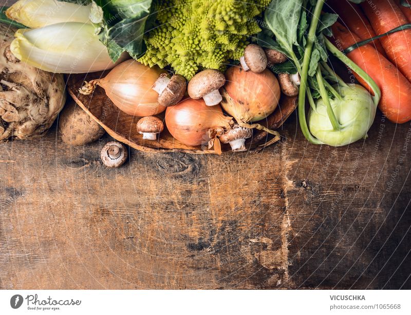 Fresh selection of vegetables on an old wooden table Food Vegetable Lettuce Salad Nutrition Organic produce Vegetarian diet Diet Bowl Style Design