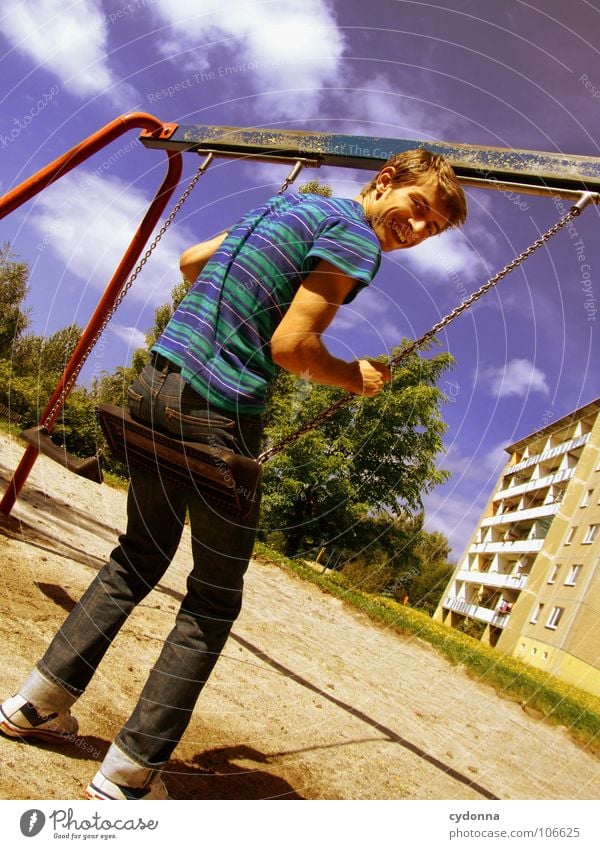 Sitting here, thinking 'bout yesterday II Swing Tower block Settlement Prefab construction East Beautiful Playground Man To enjoy Relaxation Ease Think Happy