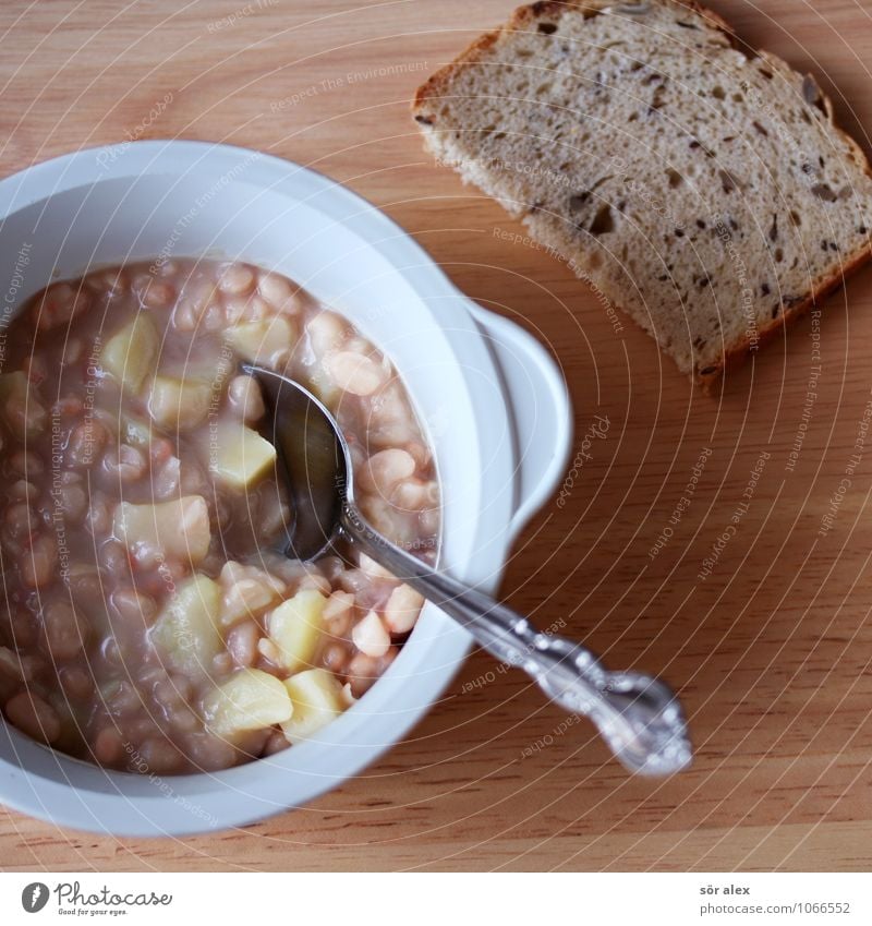 lunch break Food Vegetable Bread Stew Beans Potatoes Soup Nutrition Eating Lunch Dinner Bowl Spoon plastic bowl Delicious Slice of bread Domestic Cooking