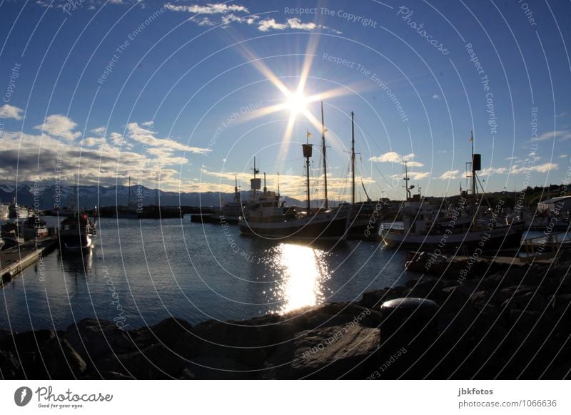 Húsavík in summer Environment Nature Landscape Elements Water Sun Sunlight Beautiful weather Hill Ocean Atlantic Ocean Means of transport Navigation