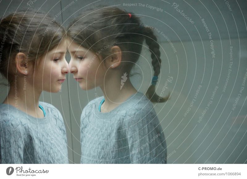 Mirrored girl 1 Human being Feminine Sister Friendship Infancy Head 2 3 - 8 years Child Sweater Earring brunette braid Glass Looking Curiosity Gray Loneliness