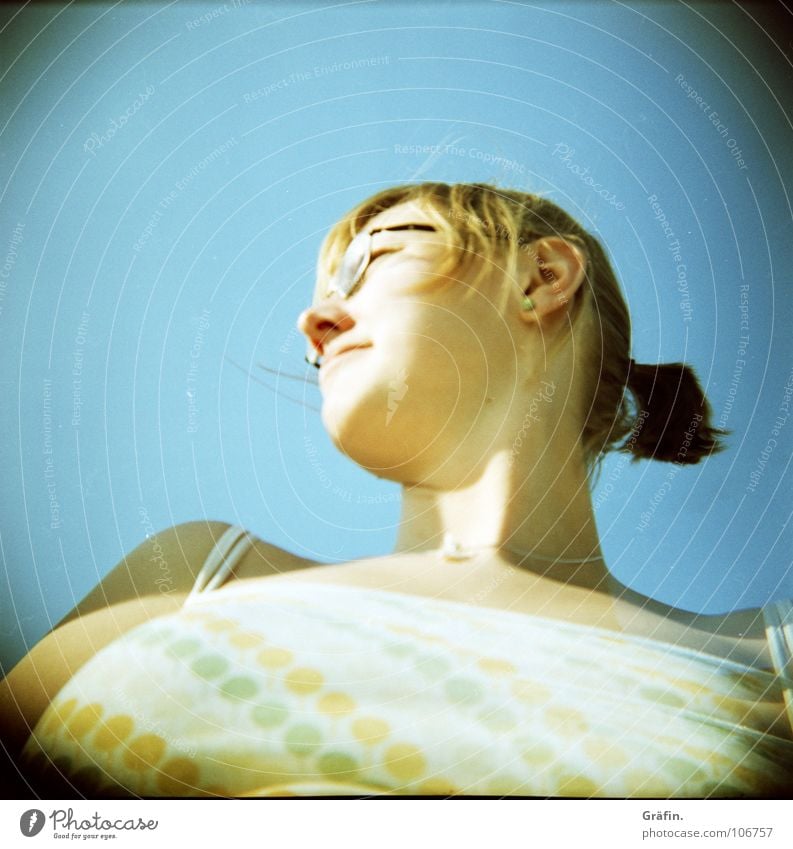 me, myself and... I Holga Self portrait Woman Eyeglasses Braids Blonde Necklace Sun Blue sky ill-advised prospect unfavourable :-) Hair and hairstyles