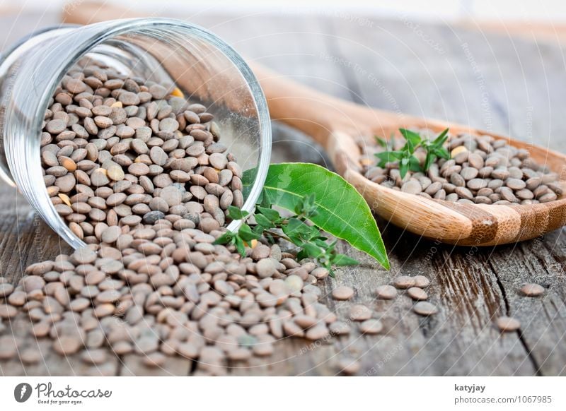 peep Food Herbs and spices Nutrition Eating Lentils plate lenses Legume Dried Cooking Ingredients Bay leaf Thyme Close-up Wooden board Wooden table Vegetable