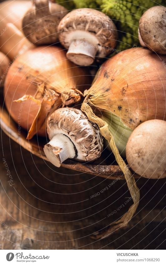 Mushrooms and onion in a wooden bowl Food Vegetable Nutrition Organic produce Vegetarian diet Diet Bowl Style Design Healthy Eating Life Table Nature Yellow