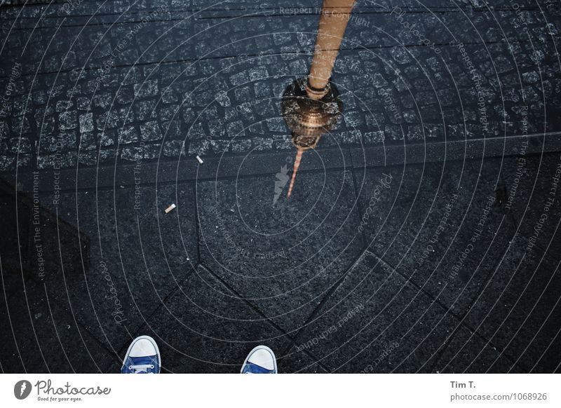 Puddle with tower Berlin Capital city Downtown Tower Lanes & trails Water Town Berlin TV Tower Footwear Colour photo Exterior shot Copy Space middle Day