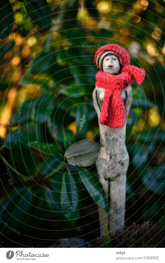 jorinde Garden Decoration Sculpture Autumn Winter Plant Scarf Cap Figure Stand Red Emotions Esthetic Climate Creativity Colour photo Exterior shot Close-up