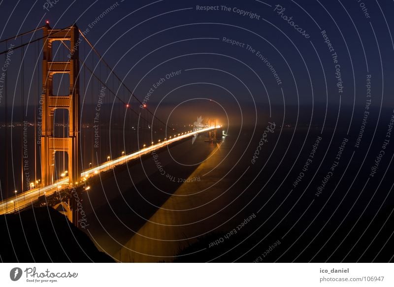 Golden Gate Bridge - San Francisco Water Night sky Fog Dark Red California USA Colour photo Exterior shot Light Reflection Long exposure Central perspective