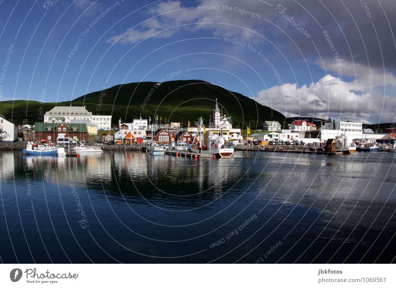 Icelandic port Environment Nature Landscape Elements Water Beautiful weather Hill Rock Uniqueness Positive Harbour Port City Watercraft Fishing port