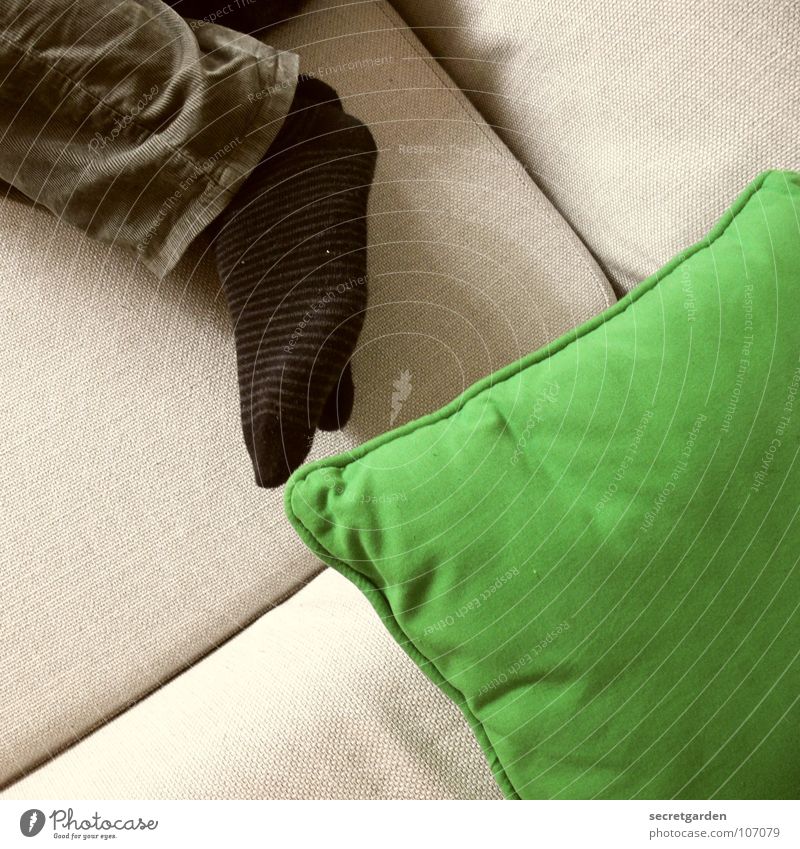 still life with pillows and socks Striped socks Stockings Cushion Clothing Pants Green Khaki Black Gray Sofa Sleep Horizontal Material Calm Stationary Man