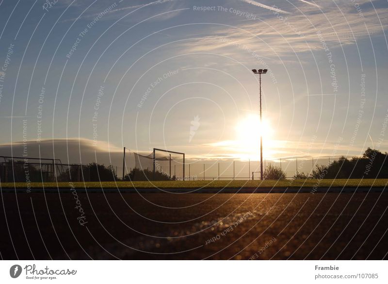 Lonely sports field in the morning light Sunrise Loneliness Calm Sporting grounds Sports Playing Summer Leisure and hobbies Freedom Morning Sky tartan track